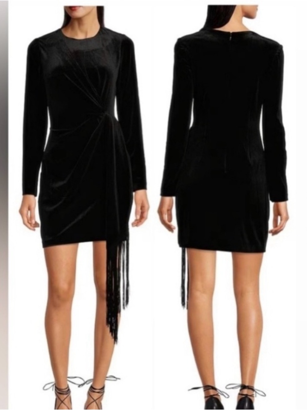 Badgley Mischka Harley Black Velvet Long Sleeve Fringed Mini Dress 10
